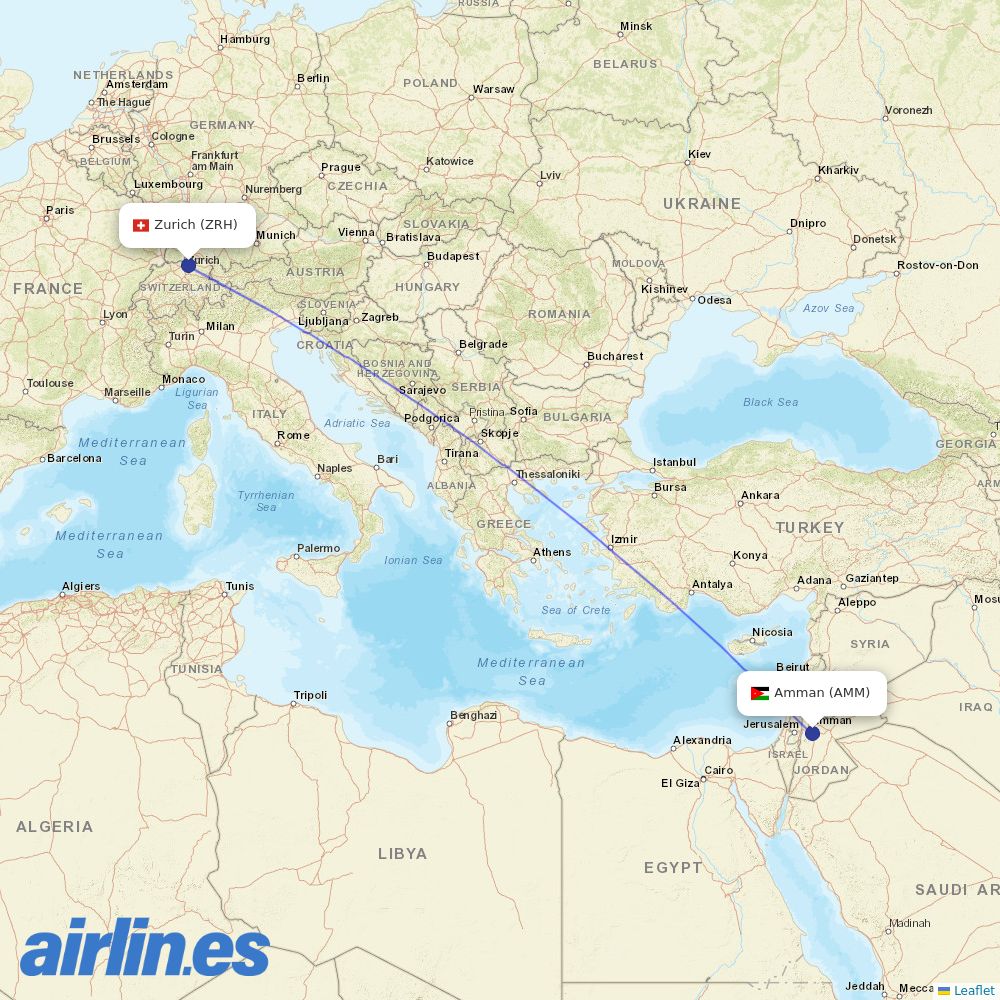Royal Jordanian from Zurich Airport destination map