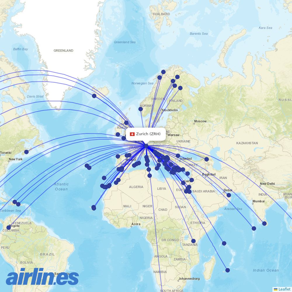Edelweiss Air from Zurich Airport destination map