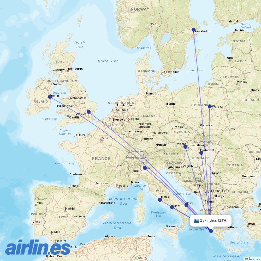 Ryanair from Zakynthos International Airport destination map