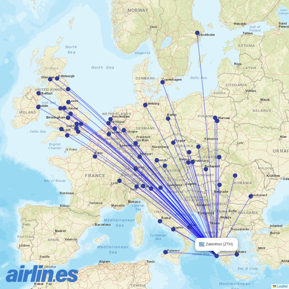 Luxair from Zakynthos International Airport destination map