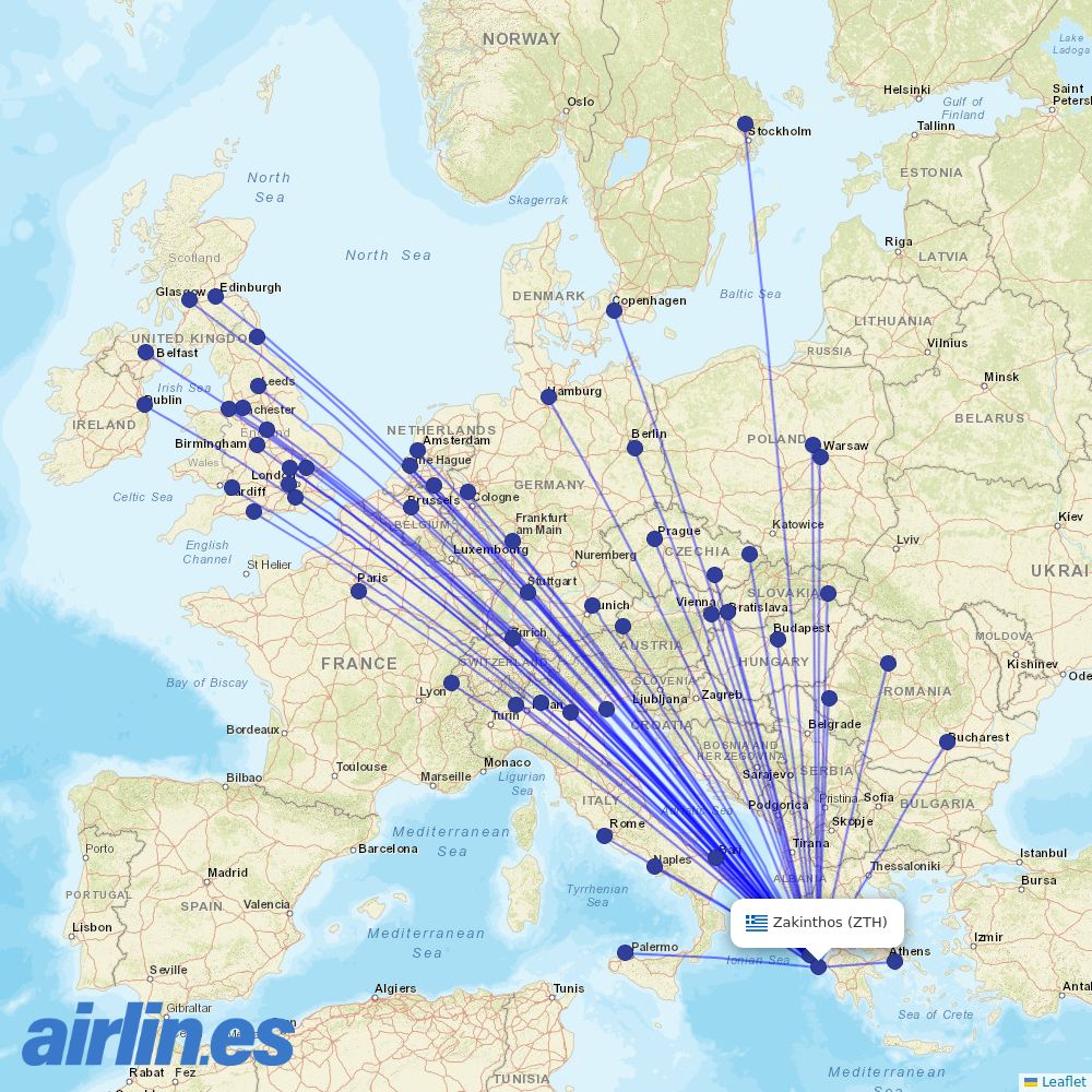 Jet2 from Zakynthos International Airport destination map