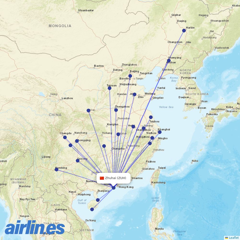 China Southern Airlines from Zhuhai Airport destination map