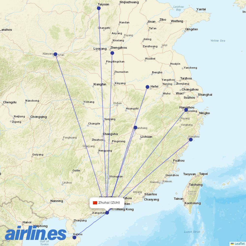 Hainan Airlines from Zhuhai Airport destination map