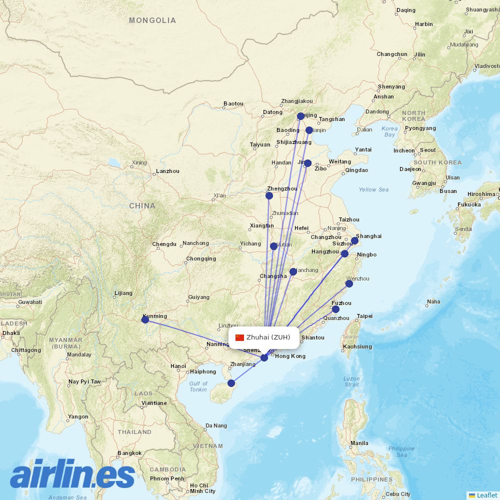 Shandong Airlines at ZUH route map