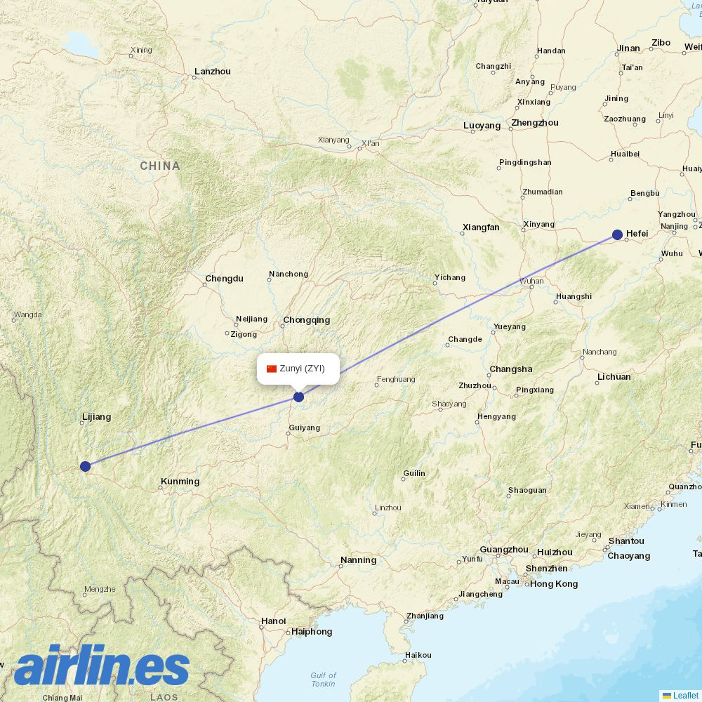 Lucky Air from Zunyi Xinzhou Airport destination map