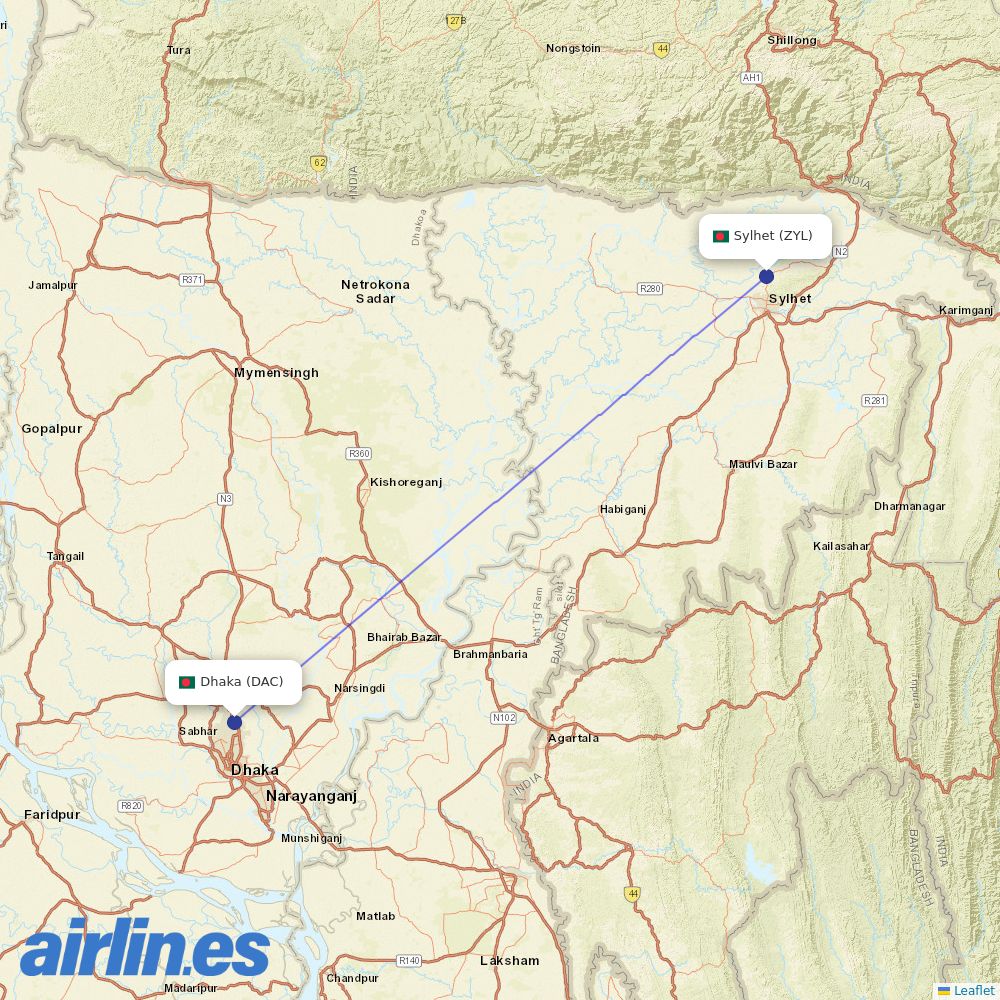 US-Bangla Airlines at ZYL route map