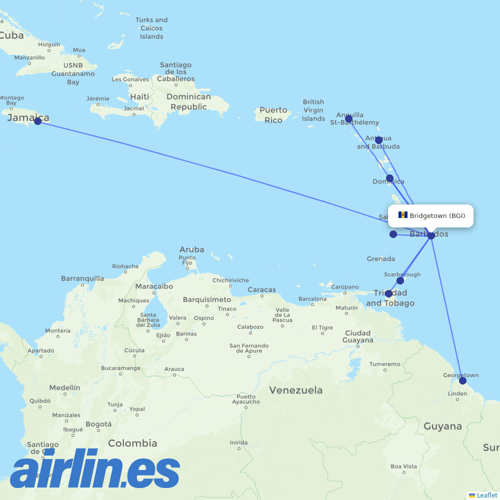 Caribbean Airlines at BGI route map