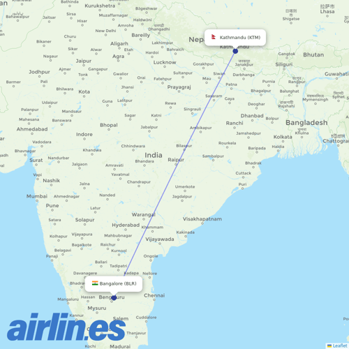 Nepal Airlines at BLR route map