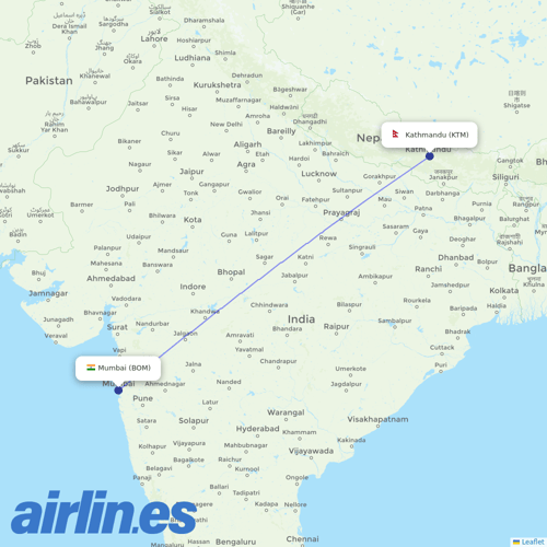 Nepal Airlines at BOM route map