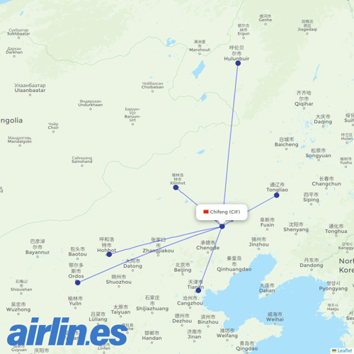Tianjin Airlines at CIF route map