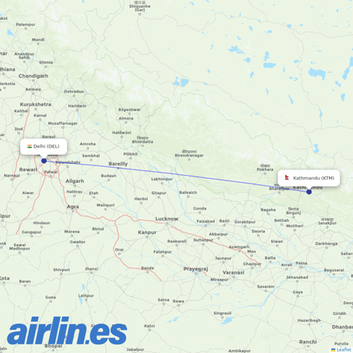 Nepal Airlines at DEL route map