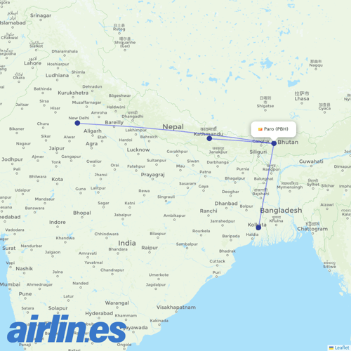 Bhutan Airlines at PBH route map