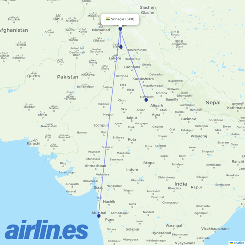 SpiceJet at SXR route map