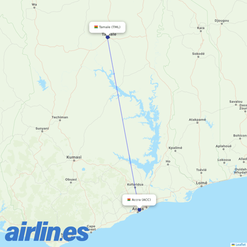 Africa World Airlines at TML route map