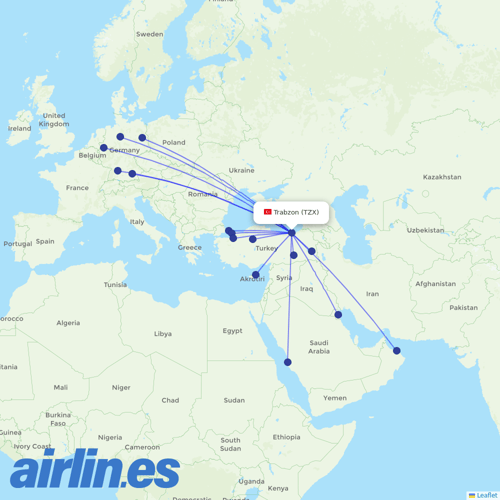Turkish Airlines at TZX route map