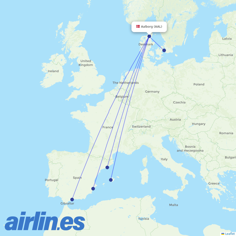 Norwegian Air Intl from Aalborg destination map