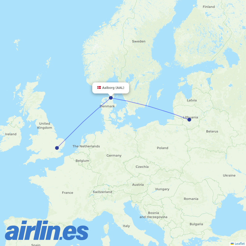 Ryanair from Aalborg destination map