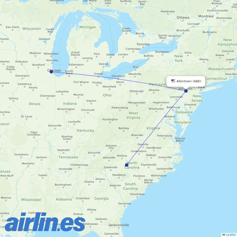 American Airlines from Lehigh Valley Intl destination map