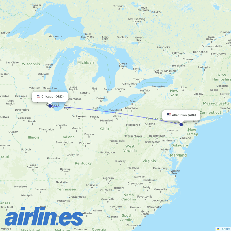 United Airlines from Lehigh Valley Intl destination map