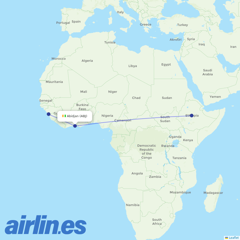 Ethiopian Airlines from Abidjan Felix Houphouet Boigny International destination map