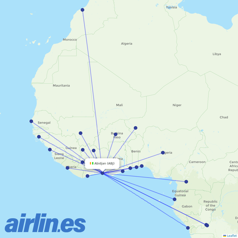 Air Cote D'Ivoire from Abidjan Felix Houphouet Boigny International destination map