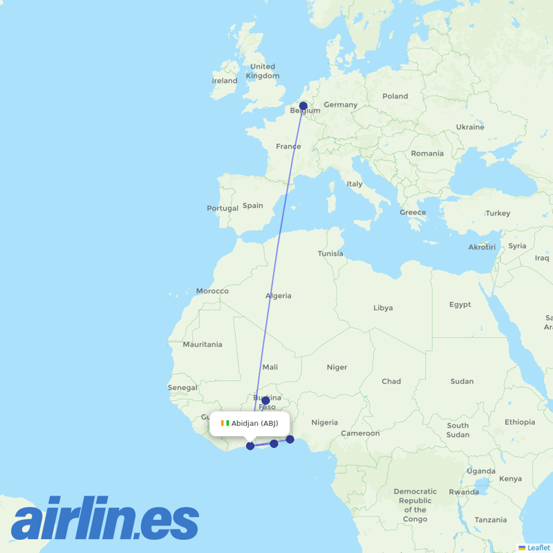 Brussels Airlines from Abidjan Felix Houphouet Boigny International destination map