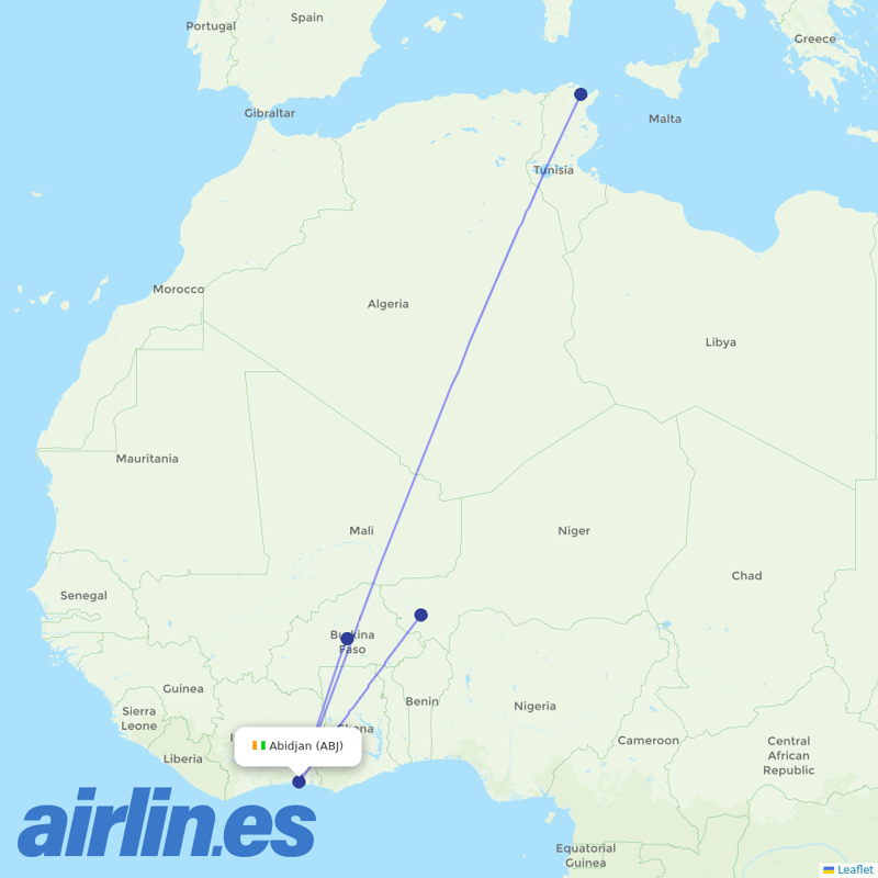 Tunisair from Abidjan Felix Houphouet Boigny International destination map