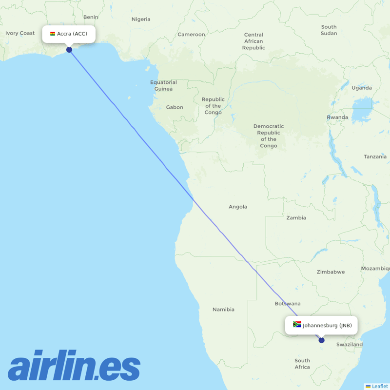 South African Airways from Kotoka International destination map