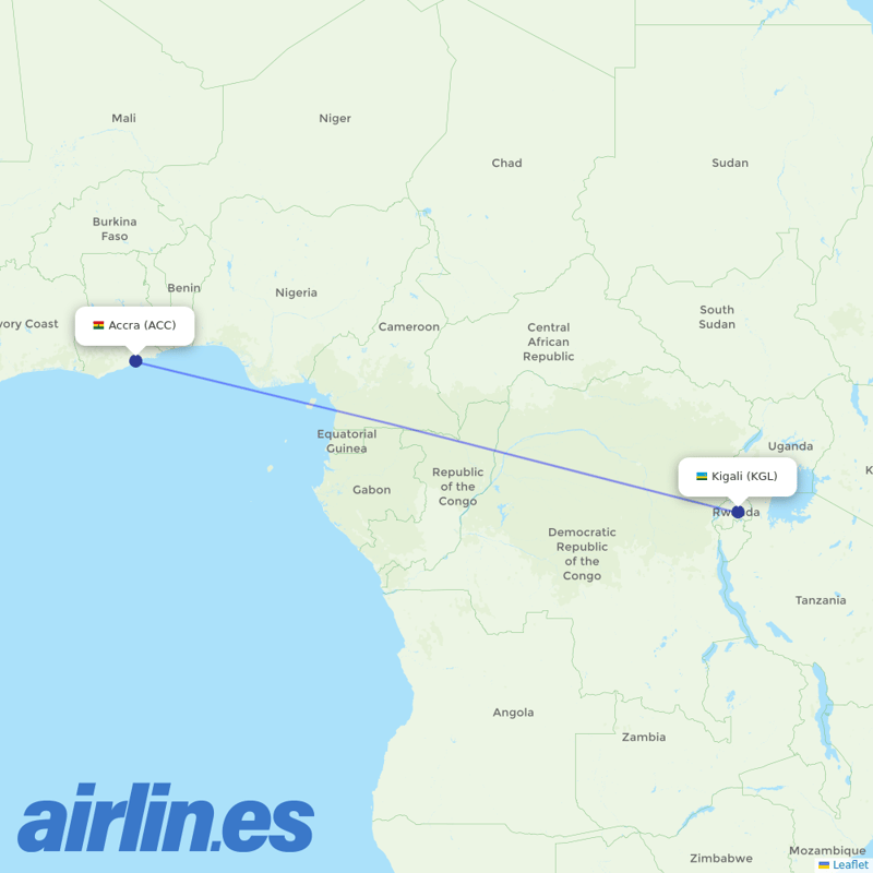 RwandAir from Kotoka International destination map