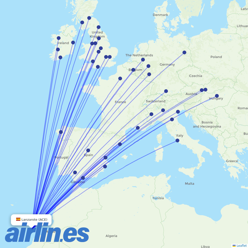 Ryanair from Lanzarote Airport destination map