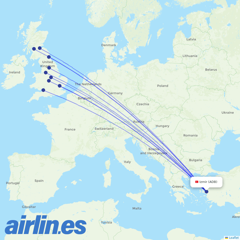 Jet2 from İzmir Adnan Menderes Airport destination map