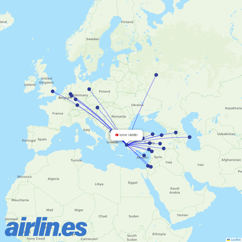 Pegasus from İzmir Adnan Menderes Airport destination map