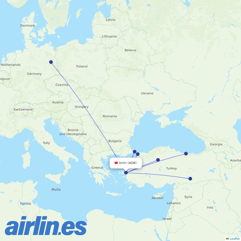 Turkish Airlines from İzmir Adnan Menderes Airport destination map