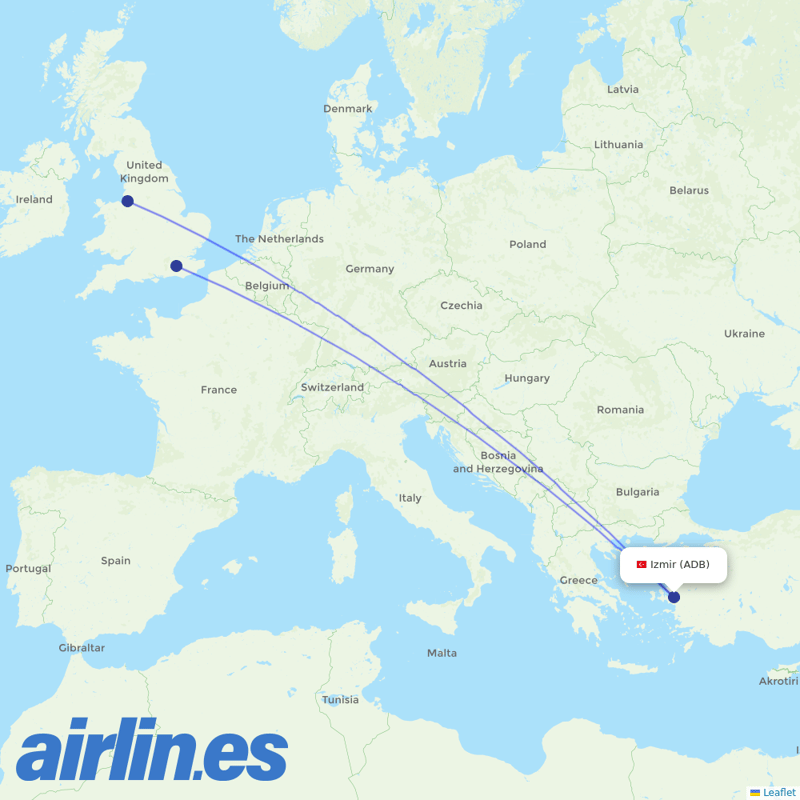 easyJet from İzmir Adnan Menderes Airport destination map