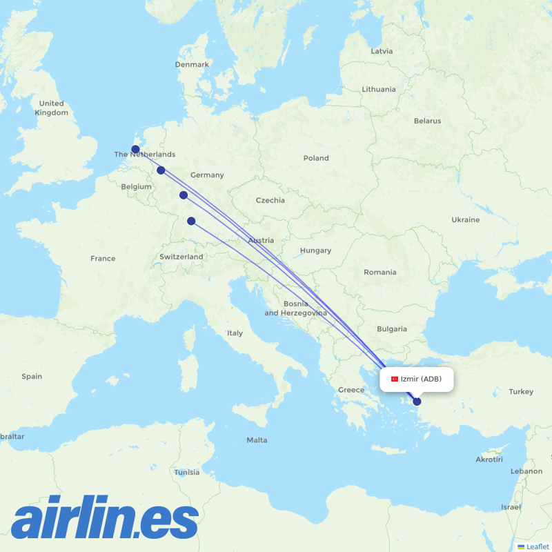 Corendon Airlines from İzmir Adnan Menderes Airport destination map