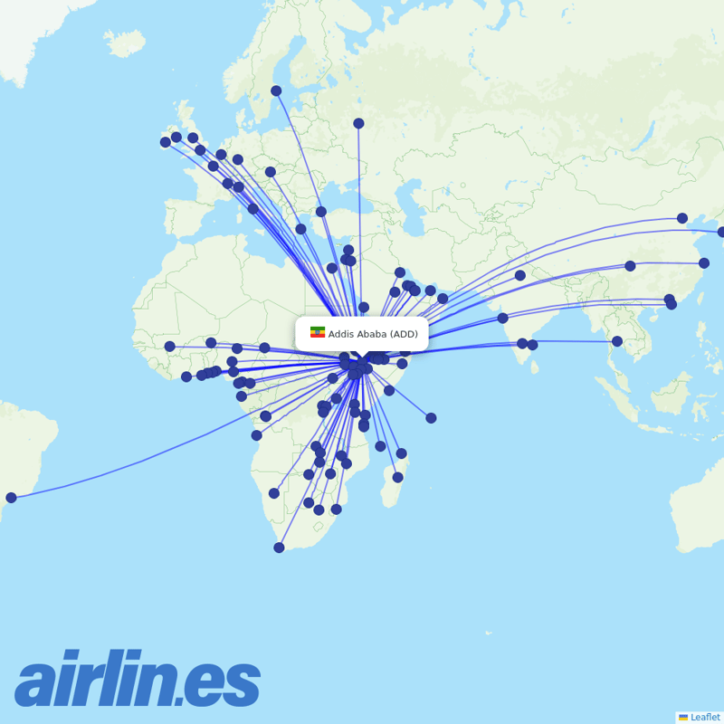 Ethiopian Airlines from Addis Ababa Bole International Airport destination map