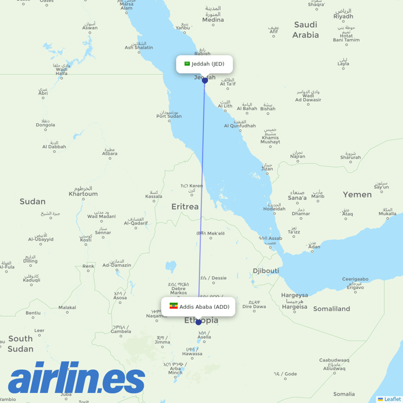Saudia from Addis Ababa Bole International Airport destination map