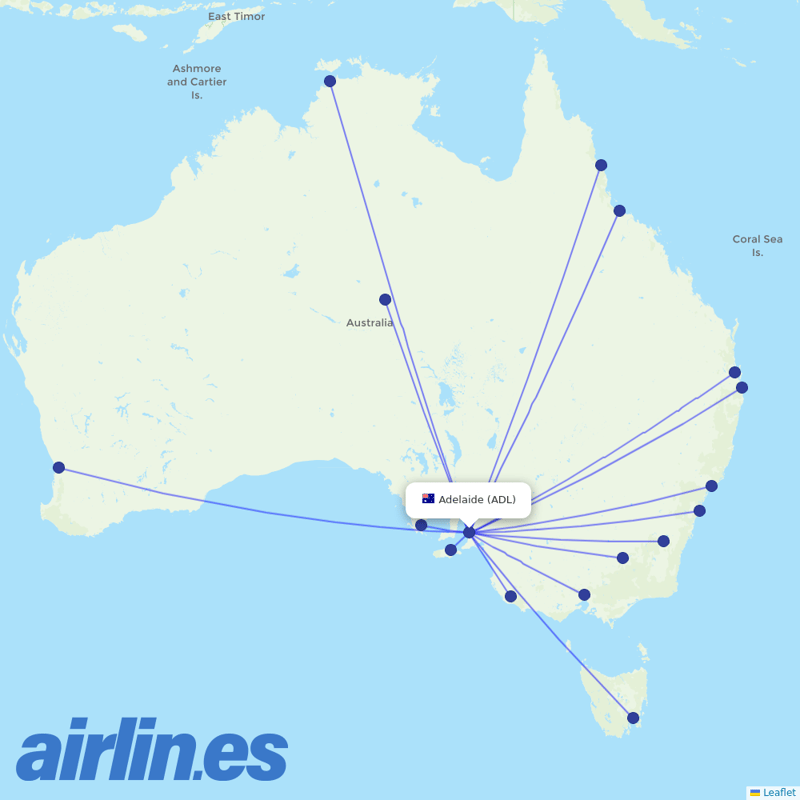 Qantas from Adelaide International destination map