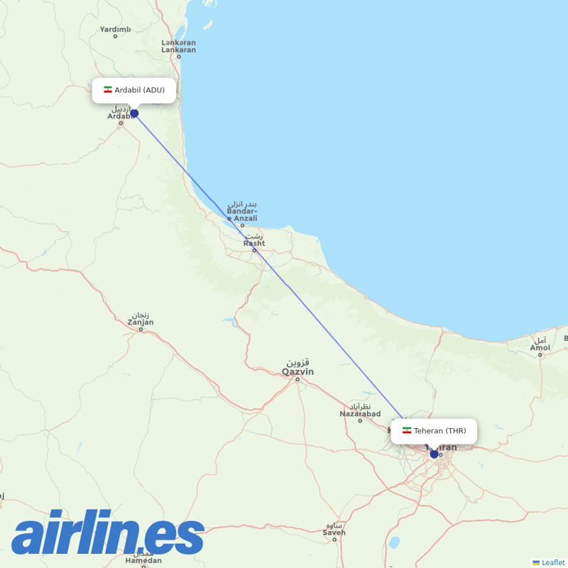Iran Aseman Airlines from Ardabil Airport destination map