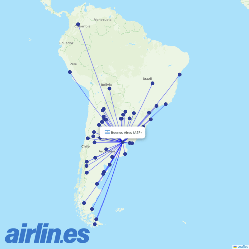 Aerolineas Argentinas from Aeroparque Jorge Newbery destination map