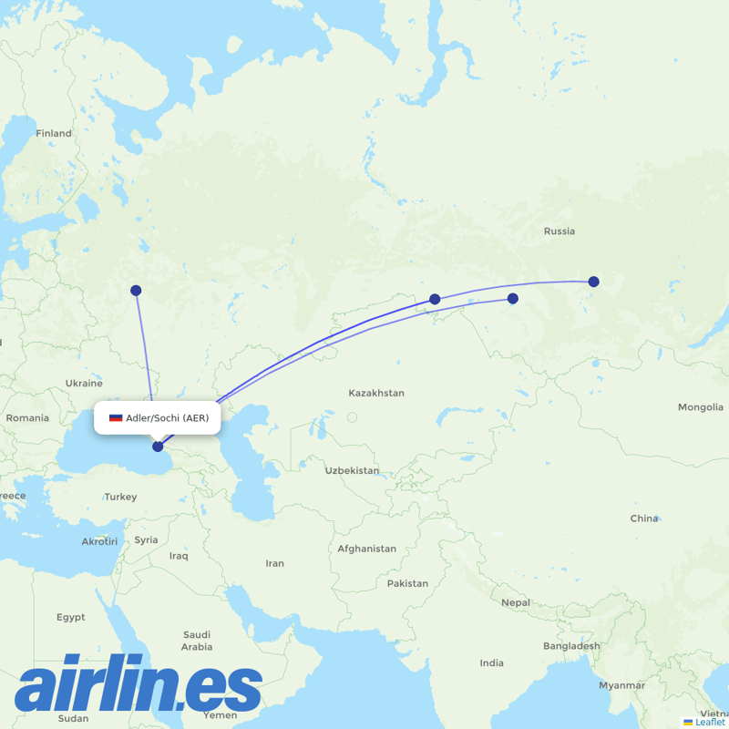Yakutia from Sochi Airport destination map