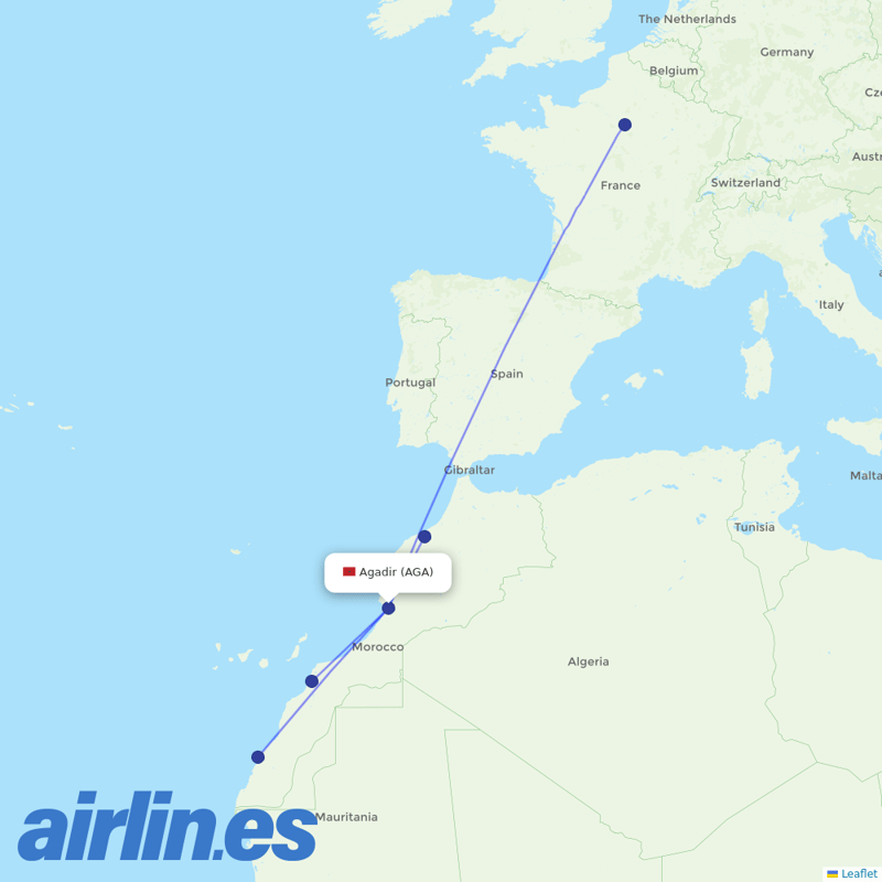 Royal Air Maroc from Inezgane Airport destination map