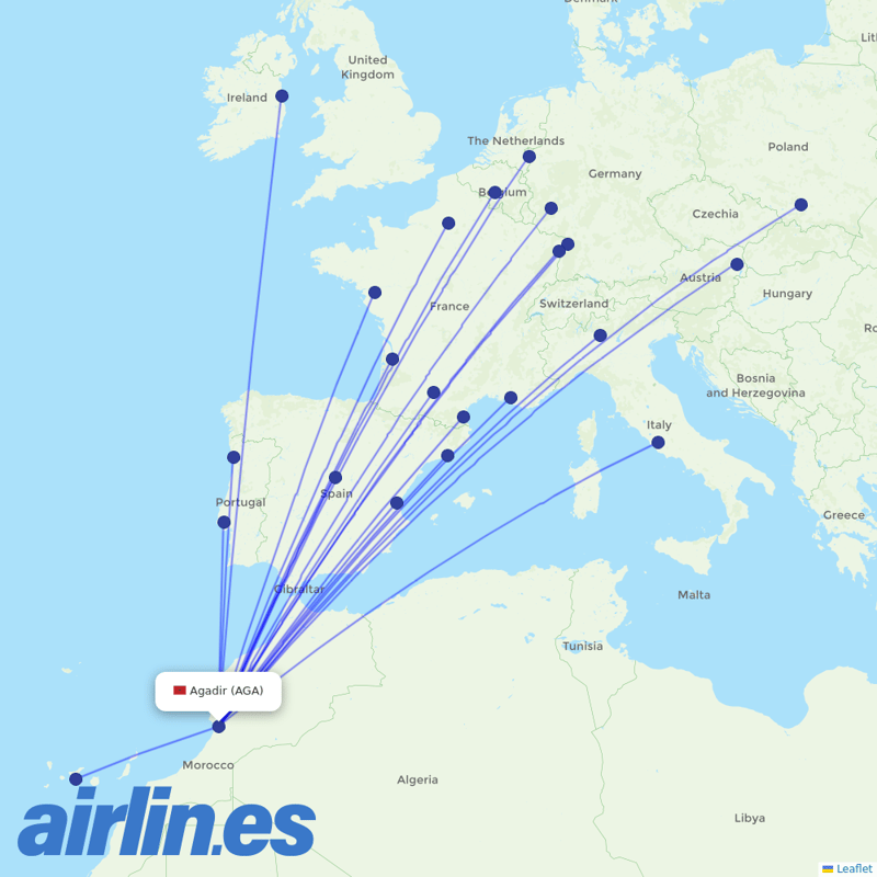 Ryanair from Inezgane Airport destination map