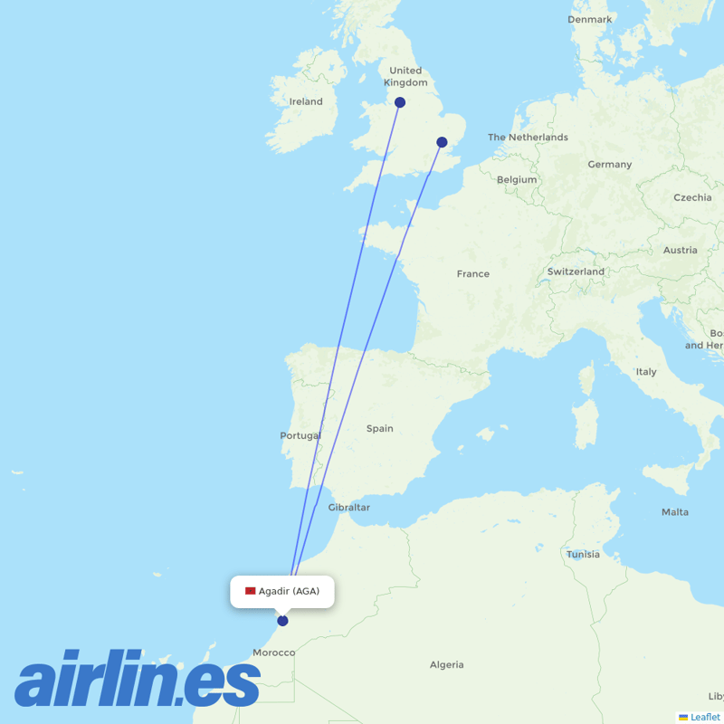 Ryanair UK from Inezgane Airport destination map