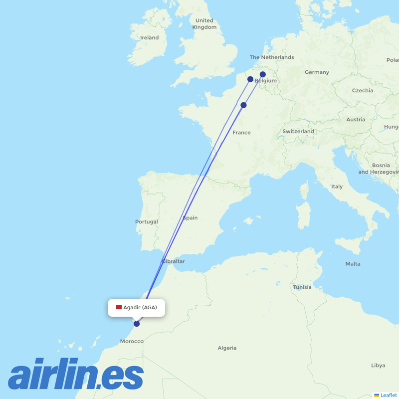 TUI Airlines Belgium from Inezgane Airport destination map