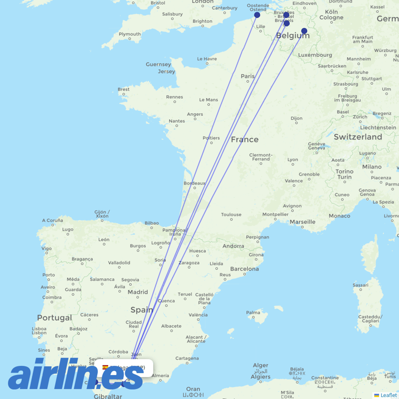 TUI Airlines Belgium from Málaga Airport destination map