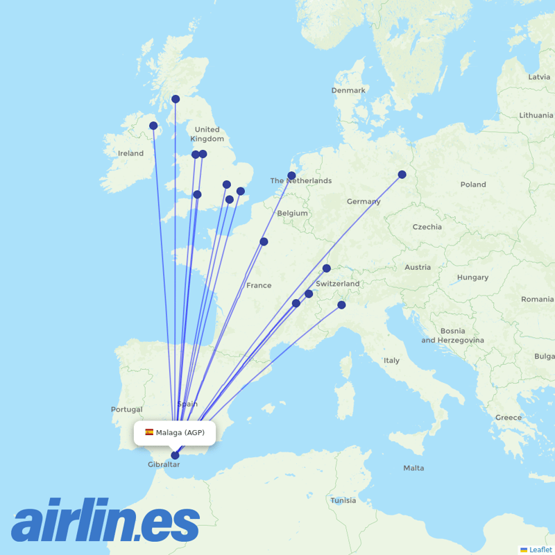 easyJet from Málaga Airport destination map