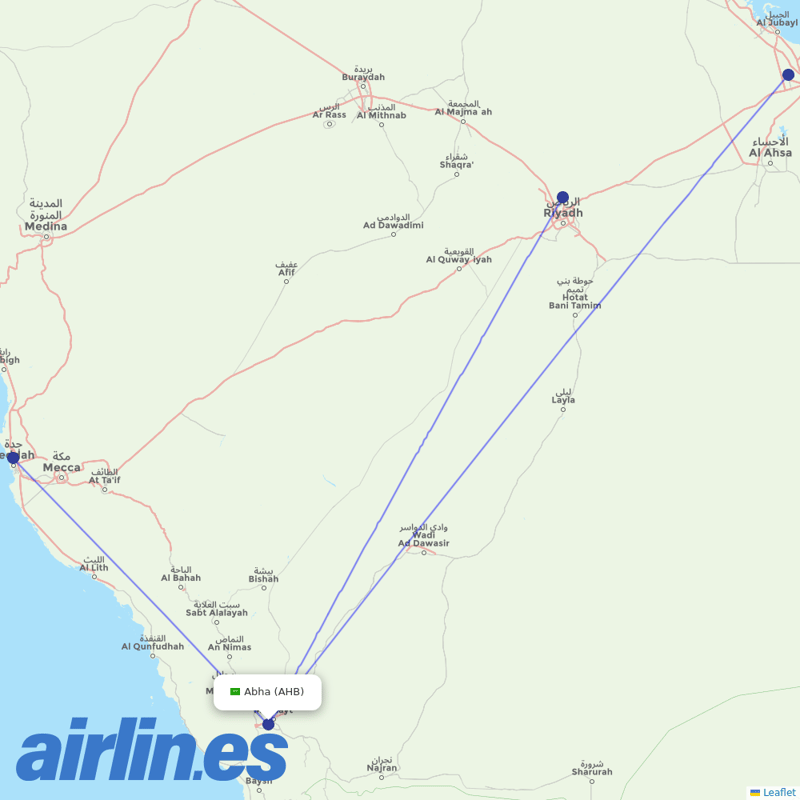 Flynas from Abha destination map