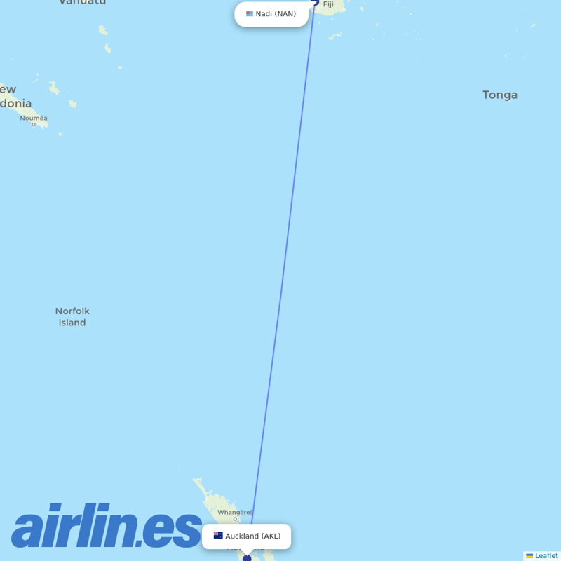 Fiji Airways from Auckland International Airport destination map