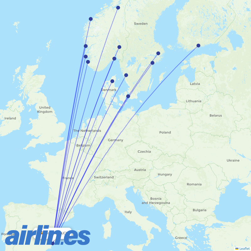 Norwegian Air Intl from Alicante–Elche Miguel Hernández Airport destination map